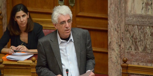 ATHENS, GREECE - 2015/04/17: Minister of Justice, Transparency and Human Rights Nikos Paraskevopoulos talks to the Greek parliament. Greek legislators gathered in the Greek parliament to vote for a new legislation about special security prisons Type C and anti terrorist laws. There was tension between government MPs and the major opposition party about the changes in the laws. (Photo by George Panagakis/Pacific Press/LightRocket via Getty Images)