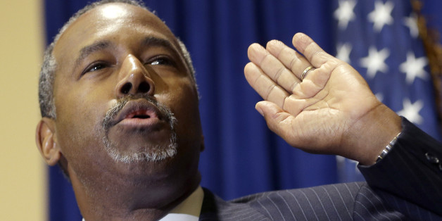 Republican presidential candidate Ben Carson speaks to reporters during a news conference before the Black Republican Caucus of S. Florida "Diamonds & Ice" Scholarship gala, Friday, Nov. 6, 2015, in Palm Beach Gardens, Fla. (AP Photo/Alan Diaz)