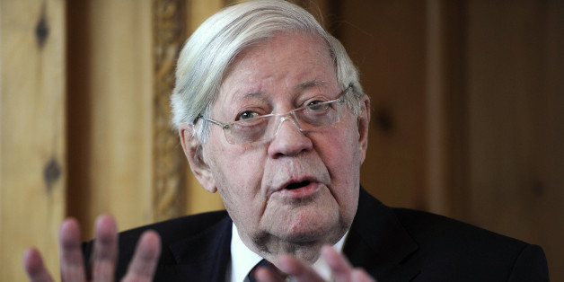 Former German Chancellor Helmut Schmidt speaks during a luncheon at the Axel Springer publishing house in Berlin, on Wednesday, Sept. 29, 2010. The former head of state and other dignitaries unveiled a bronze statue of former US President George Bush to stand along side statues of former Soviet President Michail Gorbachev and Former German Chancellor Helmut Kohl at the Springer's Berlin headquarters near the former checkpoint Charlie along the Berlin wall, some days ahead of the 20th anniversary of Germany's reunification on Oct. 3. (AP Photo/Odd Andersen, Pool)