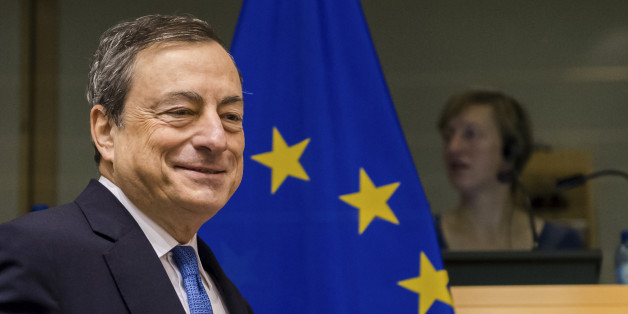 President of the European Central Bank Mario Draghi arrives to address the committee on economic and monetary affairs at the European parliament in Brussels on Thursday, Nov. 12, 2015. (AP Photo/Geert Vanden Wijngaert)