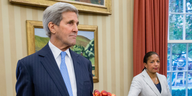 Secretary of State John Kerry and National Security Adviser Susan Rice stand in the Oval Office in Washington, Monday, Nov. 9, 2015, as President Barack Obama meets with Israeli Prime Minister Benjamin Netanyahu. The president and prime minister sought to mend their fractured relationship during their meeting, the first time they have talked face to face in more than a year. (AP Photo/Andrew Harnik)