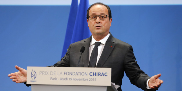 French President Francois Hollande delivers his speech at the Chirac Foundation prize-giving ceremony Thursday, Nov. 19, 2015 in Paris. Hollande has delivered an emotional speech in Paris at the Chirac Foundationâs annual Conflict Prevention Prize ceremony - in which the French president repeated his countryâs commitment to fight extremism. (AP Photo/Jacques Brinon)