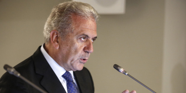 European Commissioner for Migration and Home Affairs Dimitris Avramopoulos addresses journalists during a news conference in Athens, Greece, Saturday Oct. 10, 2015. Greeceâs first âhotspot,â or migrant processing center, will open over the next 10 days, allowing migrants to be flown to other European Union countries, mostly of their preference, and have their asylum applications processed there, European Union officials say. (AP Photo/Yorgos Karahalis)