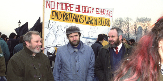 Labour MP Jeremy Corbyn (centre) pictured with Sinn Fein's Francie Molloy (right) and Gerry MacLochlainn during a demonstration march to marks 20 years since Bloody Sunday