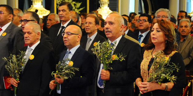 Wided Bouchamaoui president of the Tunisian employers, right, Abdessattar Ben Moussa, president of the Tunisian Human Rights League, second right, Mohamed Fadhel Mafoudh head of the Tunisian Bar Association and Houcine Abassi secretary general of the Tunisian General Labour Union, left, attend a ceremony in Tunis Monday, Nov.9, 2015. The 2015 Nobel Peace Prize went to the Tunisian National Dialogue Quartet who steered Tunisia away from civil war and toward democracy after its 2011 revolution. (A