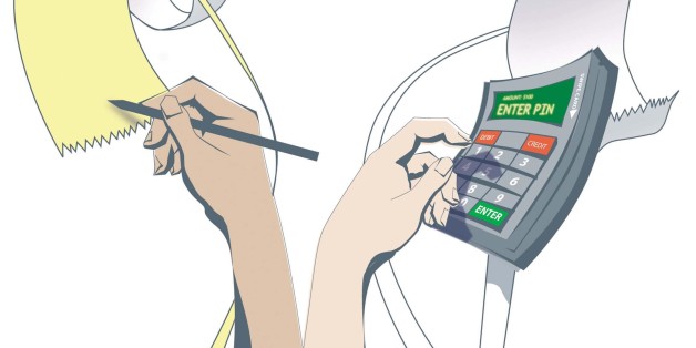 USA - 2003: 4 col x 9.75 in / 196x248 mm / 667x842 pixels Dameon Runnels color illustration of hands entering a pin number into a debit machine and signing receipts for credit. (The Dallas Morning News/MCT via Getty Images via Getty Images)