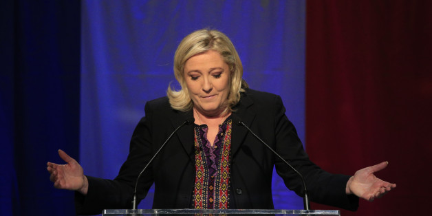 Far Right National Front party leader Marine Le Pen delivers her speech after the results of the second round of the regional elections in Henin-Beaumont, northern France, Sunday Dec.13, 2015. Marine Le Pen's far-right National Front collapsed in French regional elections Sunday after dominating the first round of voting, according to pollsters' projections. (AP Photo/Thibault Camus)