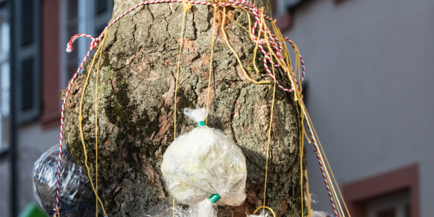 Anna Bonath hängt in Offenburg (Baden-Württemberg) Geschenke an einem Baum, den "Warmnachtsbaum"