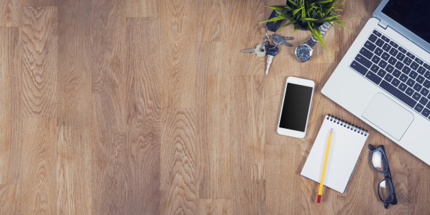 Top view desk hero header with copy space