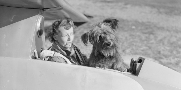 Gliding enthusiast Mrs E E Richardson in the cockpit of a glider with her mascot, a Skye terrier.