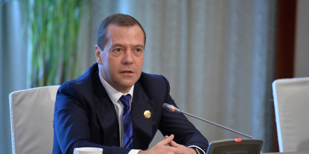 WUZHEN, Dec. 16, 2015-- Russian Prime Minister Dmitry Medvedev presides over a round-table discussion of Chinese and Russian enterprises in Wuzhen, east China's Zhejiang Province, Dec. 16, 2015. Representatives from Chinese and Russian enterprises, including Alibaba Group, Tencent and Skolkovo, participated in the discussion here on Wednesday. (Xinhua/Li Xin via Getty Images)