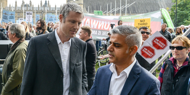 LONDON, ENGLAND - OCTOBER 10: Conservative Mayoral candidate Zac Goldsmith (L) and Labour Mayoral candidate Sadiq Khan attend a rally against a third runway at Heathrow airport, in Parliament Square on October 10, 2015 in London, England. Before today's rally against a third runway at Heathrow, Parliamentary hearings were announced yesterday to investigate whether the increase in flight traffic will break toxic air limits. (Photo by Chris Ratcliffe/Getty Images)