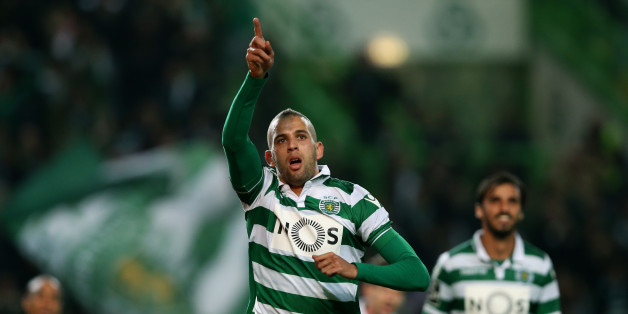 Sportingâs Islam Slimani, celebrates after scoring the opening goal during a Portuguese league soccer match against Porto at the Alvalade stadium in Lisbon, Saturday, Jan. 2 2016. (AP Photo/Steven Governo)