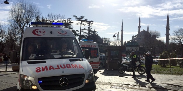 ISTANBUL, TURKEY - JANUARY 12: Ambulances gather around Sultanahmet tourist district after an explosion in Istanbul, Turkey on January 12, 2016. Turkish police have sealed off central Istanbul square in historic Sultanahmet district after the explosion was heard. Ambulances raced to the scene in the minutes after the explosion.
(Photo by Veli Gurgah/Anadolu Agency/Getty Images)
