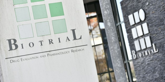 A picture taken on January 16, 2016, in Rennes, western France, shows the logo of the Biotrial laboratory on its building where a clinical trial of an oral medication left one person brain-dead and five hospitalised.
The study was a phase one clinical trial, in which healthy volunteers take the medication to 'evaluate the safety of its use, tolerance and pharmacological profile of the molecule', French Health Minister Marisol Touraine added in a statement. / AFP / LOIC VENANCE (Photo credit should read LOIC VENANCE/AFP/Getty Images)