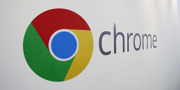 The Chrome logo is displayed at a Google event, Tuesday, Oct. 8, 2013 in New York. Google is introducing a $279 laptop that runs its Internet-centric Chrome operating system, borrowing many of the high-end features found in models that cost $1,000 or more. (AP Photo/Mark Lennihan)