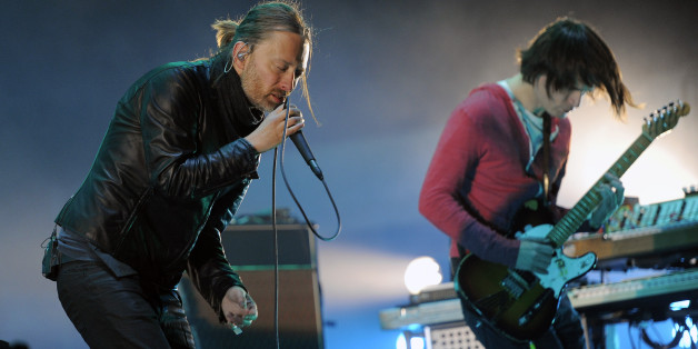 Thom Yorke, left, and Jonny Greenwood of Radiohead perform during the band's headlining set on the first weekend of the 2012 Coachella Valley Music and Arts Festival, Saturday, April 14, 2012, in Indio, Calif. (AP Photo/Chris Pizzello)