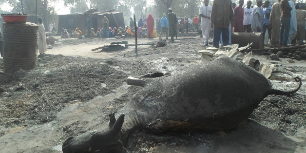 People gather around a dead animal and burnt out houses following an attack by Boko Haram in Dalori village 5 kilometers (3 miles) from Maiduguri, Nigeria , Sunday Jan. 31, 2016. A survivor hidden in a tree says he watched Boko Haram extremists firebomb huts and listened to the screams of children among people burned to death in the latest attack by Nigeriaâs homegrown Islamic extremists. (AP Photo/Jossy Ola)