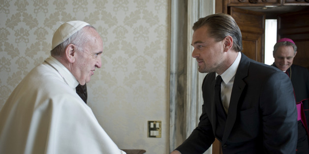 Pope Francis shakes hands with actor Leonardo Di Caprio during a private audience in the pontiff's private studio, at the Vatican, Thursday, Jan. 28, 2016. (L'Osservatore Romano/Pool Photo via AP)