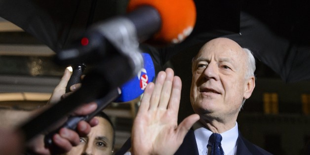 UN Syria envoy Staffan de Mistura gestures during a press briefing during Syrian peace talks on February 3, 2016 in Geneva.The UN special envoy for Syria announced on Wednesday a 'temporary pause' until February 25 of troubled talks in Switzerland aimed at ending the civil war. / AFP / FABRICE COFFRINI (Photo credit should read FABRICE COFFRINI/AFP/Getty Images)