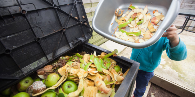 A young boy tips a bowl of apple peels into a compost bin