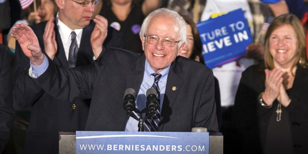 Democratic presidential candidate, Sen. Bernie Sanders, I-Vt, smiles as he speaks at his primary night rally Tuesday, Feb. 9, 2016, in Concord, N.H. (AP Photo/J. David Ake)