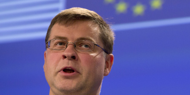 European Commission Vice-President Valdis Dombrovskis speaks during a media conference at EU headquarters in Brussels on Wednesday, July 1, 2015. The eurozone's finance ministers are set to weigh a last-minute Greek proposal for a new aid program, submitted Tuesday afternoon, in a conference call which will take place on Wednesday. (AP Photo/Virginia Mayo)