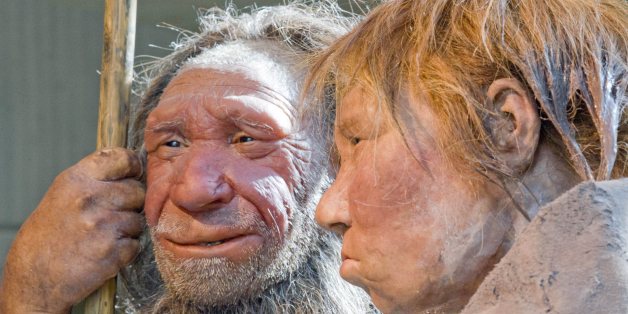 FILE - The March 20, 2009 file photo shows the prehistoric Neanderthal man "N", left, as he is visited for the first time by another reconstruction of a homo neanderthalensis called "Wilma", right, at the Neanderthal museum in Mettmann, Germany. The world famous fossil "N" is estimated being about 40.000 years old; "Wilma" was built by Dutch artists Alfons and Adrie Kennis for the National Geographic magazine on a skeleton from the American museum of natural history in New York. Theories about