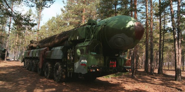 A Russian army ICBM SS-25 "Topol" (Poplar) is taken to the position during military training at the military base near Irkutsk, Siberia, Russia, April 12, 1995. (AP Photo)