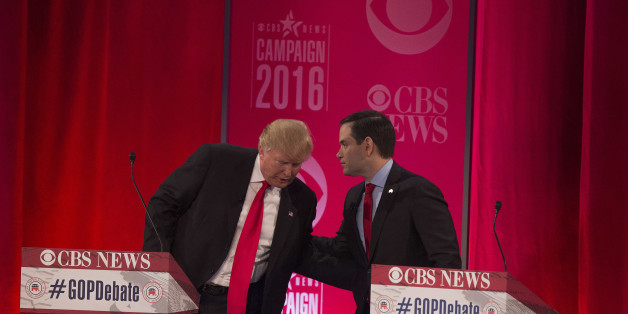 Republican presidential candidates Donald Trump (L) and Marco Rubio (R) following the CBS News Republican Presidential Debate in Greenville, South Carolina, February 13, 2016. / AFP / JIM WATSON (Photo credit should read JIM WATSON/AFP/Getty Images)