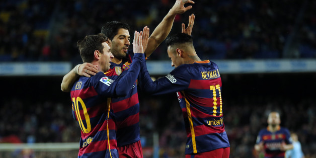 FC Barcelona's Neymar, right, celebrates a goal with his teammates Luis Suarez, center, and Lionel Messi against Celta Vigo during a Spanish La Liga soccer match at the Camp Nou stadium in Barcelona, Spain, Sunday, Feb. 14, 2016. (AP Photo/Manu Fernandez)