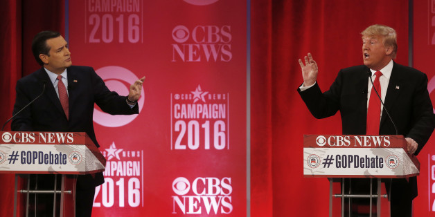 Republican presidential candidate, businessman Donald Trump, right, and Republican presidential candidate, Sen. Ted Cruz, R-Texas, speak at the same time during the CBS News Republican presidential debate at the Peace Center, Saturday, Feb. 13, 2016, in Greenville, S.C. (AP Photo/John Bazemore)