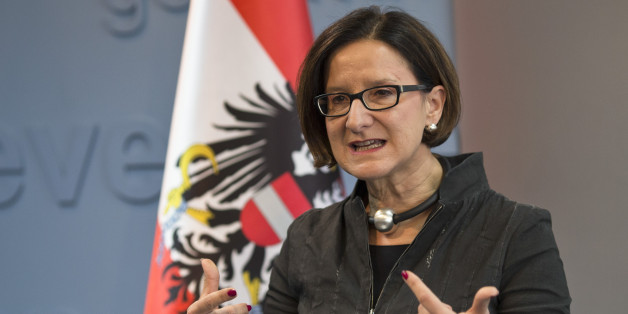 Austrian Interior minister Johanna Mikl-Leitner makes a point during a press conference during her visit to Kosovo in capital Pristina, Friday, Feb. 20, 2015. Johanna Mikl-Leitner will visit Croatia, Serbia, Kosovo and Montenegro from 18-20 Feb. 2015. (AP Photo)