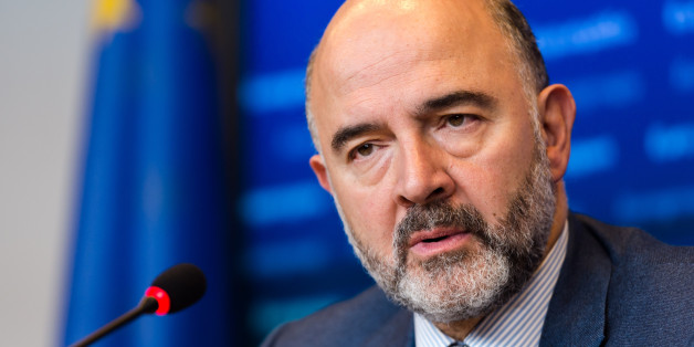 European Commissioner for Economic and Financial Affairs Pierre Moscovici addresses the media after a meeting of eurogroup finance ministers at the EU Council building in Luxembourg on Monday, Oct. 5, 2015. (AP Photo/Geert Vanden Wijngaert)