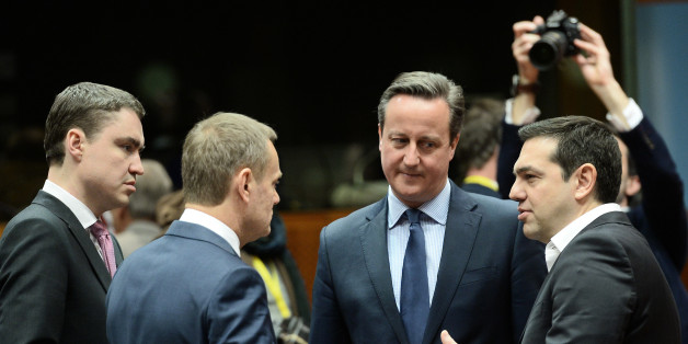 Britain's Prime Minister David Cameron (C), Estonia's Prime minister Taavi Roivas (L), European Council President Donald Tusk (2ndL) listen to Greece's Prime Minister Alexis Tsipras (R) speaking during an EU summit meeting, at the European Union council in Brussels, on February 18, 2016.
EU leaders head into a make-or-break summit sharply divided over difficult compromises needed to avoid Britain becoming the first country to crash out of the bloc. / AFP / STEPHANE DE SAKUTIN (Photo credit should read STEPHANE DE SAKUTIN/AFP/Getty Images)