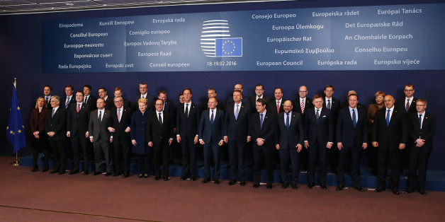 BRUSSELS, BELGIUM - FEBRUARY 18: Back Row L-R Luxembourg Prime minister Xavier Bettel, Latvian Prime Minister Maris Kucinskis, Italian Prime minister Matteo Renzi, Greek Prime minister Alexis Tsipras, Irish Prime Minister Enda Kenny, Croatian Prime Minister Tihomir Oreskovic, Danish Prime Minister Lars Lokke Rasmussen, Polish Prime Minister Beata Maria Szydlo, Hungarian Prime Minister Viktor Orban, Belgian Prime Minister Charles Michel, Spanish Prime Minister Mariano Rajoy, Swedish Prime Minister Stefan Lofven, Czech Republic Prime Minister Bohuslav Sobotka, Slovenia's Prime minister Miro Cerar, Portuguese Prime Minister Antonio Costa, German Chancellor Angela Merkel and Finnish Prime Minister Juha Sipila.
Front Row L-R EU's High representative for foreign affairs and security policy Federica Mogherini, Austrian Chancellor Werner Faymann, Estonian Prime minister Taavi Roivas, Maltese Prime Minister Joseph Muscat, European Commission President Jean-Claude Juncker, Lithuanian President Dalia Grybauskaite, French President Francois Hollande, Netherland Prime Minister Mark Rutte, European Council President Donald Tusk, Romanian President Klaus Iohannis, Cypriot President Nicos Anastasiades, European Parliament President Martin Schulz, Slovakian Prime Minister Robert Fico, British Prime Minister David Cameron, Bulgarian Prime minister Boyko Borissov an The Secretary-General of the Council of the European Union Jeppe Tranholm-Mikkelsen gather for a group photograph at the Council of the European Union on February 18, 2016 in Brussels, Belgium. Most of Europe's 28 member state leaders are gathering in Brussels to take part in a crucial summit and vote on British Prime Minister David Cameron's pledge to renegotiate the terms of Britain's membership in the EU, namely proposals to limit benefits for migrant workers. A referendum on whether Great Britain will stay in or leave the European Union is to be held before the end of 2017, though many expect it to take place in June