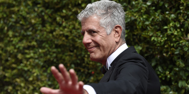 Anthony Bourdain arrives at the Creative Arts Emmy Awards at the Microsoft Theater on Saturday, Sept. 12, 2015, in Los Angeles. (Photo by Chris Pizzello/Invision/AP)
