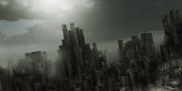Gloomy apocalyptic scenery with destroyed buildings and fog
