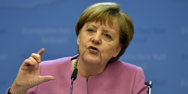German Chancellor Angela Merkel gestures while speaking during a final press conference after an EU summit in Brussels on Friday, Feb. 19, 2016. British Prime Minister David Cameron pushed a summit into overtime Friday after a second day of tense talks with weary European Union leaders unwilling to fully meet his demands for a less intrusive EU. (AP Photo/Martin Meissner)