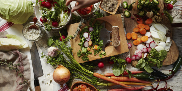 Various vegetables shot from above on white wood