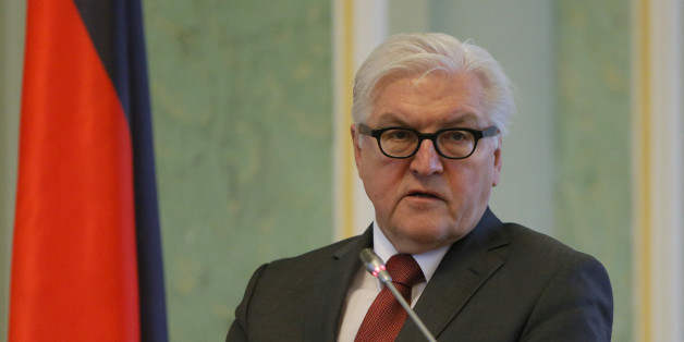 German Foreign Minister Frank-Walter Steinmeier speaking during news conference in Kiev, Ukraine, Tuesday, Feb. 23 2016. The foreign ministers of France and Germany are on a visit to the Ukrainian capital and have expressed concern about political tensions that are impeding reform efforts and about the persisting conflict in eastern Ukraine. (AP Photo/Sergei Chuzavkov)