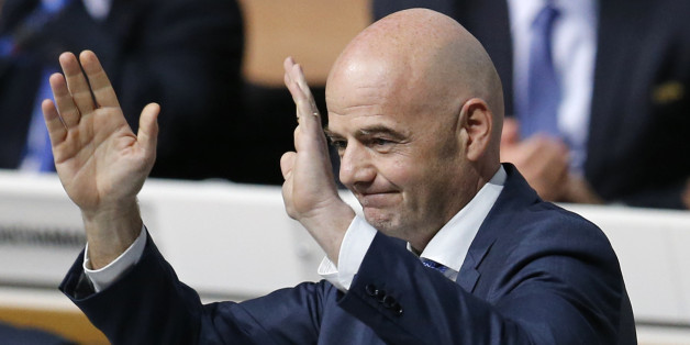 Newly elected FIFA President Gianni Infantino of Switzerland thanks the delegates after the second election round during the extraordinary FIFA congress in Zurich, Switzerland, Friday, Feb. 26, 2016. (AP Photo/Michael Probst)