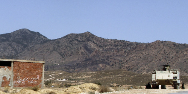In this photo taken on June 25, 2013, a Tunisian armored personnel carrier patrols near the Jebel Chaambi mountain. Writing on building at left reads: "For Sale". Gunmen ambushed a Tunisian army patrol Monday July 29, 2013 in a mountainous border region known as a militant stronghold, killing at least eight soldiers, the presidential spokesman said. (AP Photo/Paul Schemm)