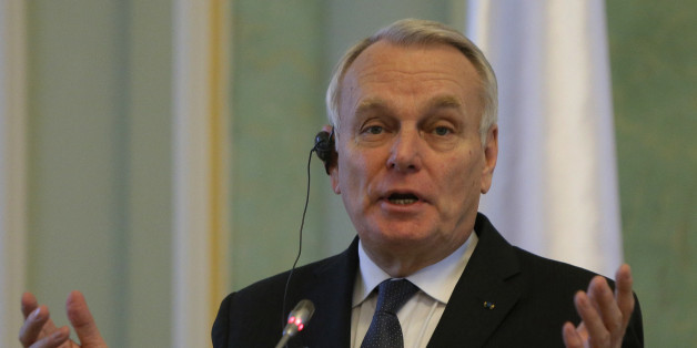 Foreign Affairs and International Development Jean-Marc Ayrault speaking during news conference in Kiev, Ukraine, Tuesday, Feb. 23, 2016. The foreign ministers of France and Germany are on a visit to the Ukrainian capital Tuesday, and have expressed concern about political tensions that are impeding reform efforts and about the persisting conflict in eastern Ukraine. (AP Photo/Sergei Chuzavkov)
