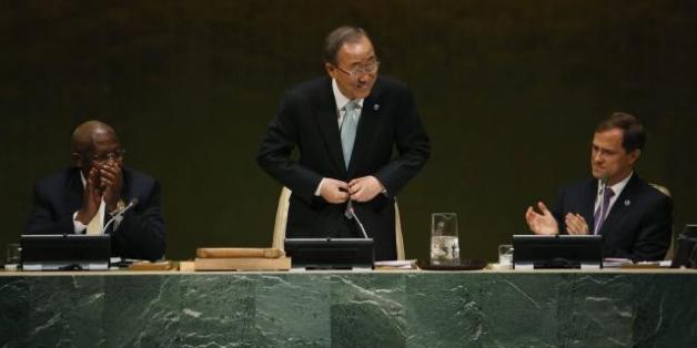 Ban Ki-moon à la tribune de l'Assemblée générale de l'ONU, à New York.