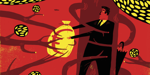 Businessman trapped by tree branches struggling to hold on to euro money bag