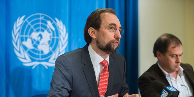 United Nations High Commissioner for Human Rights Zeid Ra'ad Al Hussein (L) speaks during a press conference next to Human Rights spokesperson Rupert Colville at the United Nations offices on February 1, 2016 in Geneva.
Al Hussein met the media few days after his office revealed new allegations of child sexual abuse by peacekeepers in the Central African Republic. / AFP / FABRICE COFFRINI (Photo credit should read FABRICE COFFRINI/AFP/Getty Images)