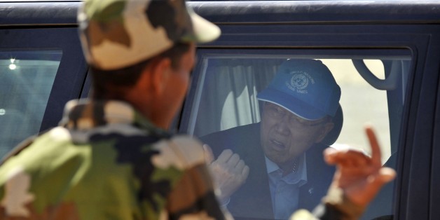 United Nations secretary-general Ban Ki-moon in car arrives the Smara refugees camp near Tindouf, south-western Algeria, Saturday, March 5, 2016. Ban Ki-moon will meet with leaders of the Polisario Front, the organization disputing sovereignty over Western Sahara with Morocco, in the hope to help solving a 40-year conflict. (AP Photo/Toufik Doudou)