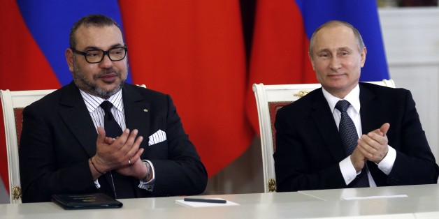 Russian President Vladimir Putin, right, and Morocco's King Mohammed VI attend a signing ceremony after their talks in the Kremlin in Moscow, Russia, Tuesday, March 15, 2016. Morocco's King Mohammed VI is on an official visit to Russia. (Maxim Shipenkov/Pool photo via AP)
