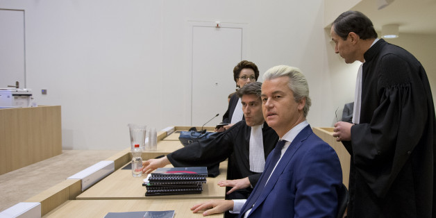Firebrand Dutch lawmaker Geert Wilders, second right, appeared in court for a pretrial hearing at a high-security court on charges of inciting hatred, in Amsterdam, Netherlands, Friday, March 18, 2016. (AP Photo/Peter Dejong)